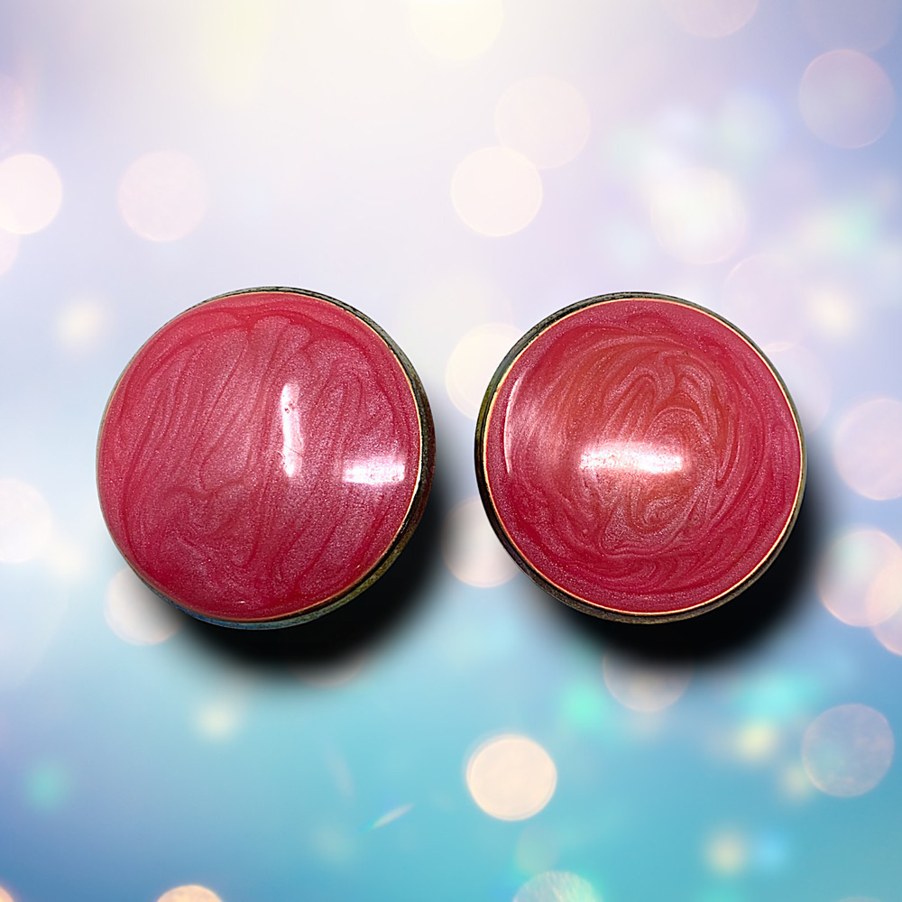 Vintage 1980's Pink Swirl Enamel Clip On Button Earrings Oversized New Wave Punk